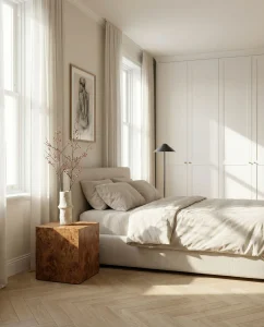 Neutral bedroom with beige bedding, a wooden cube side table holding a vase with branches, and white built-in wardrobes.