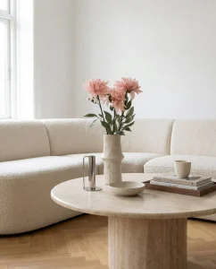 Cream sofa in a bright, minimalist living room with a round marble coffee table holding a vase of pink flowers, a small bowl, a metal candle holder, and a stack of magazines with a cup on top.