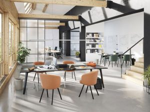 Open-plan modern office with exposed wooden beams, large windows, and orange upholstered chairs around a long table.