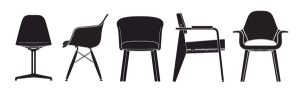 Five black chair silhouettes in a row showing different styles: swivel-like chair, molded plastic chair, rounded upholstered chair, cantilever desk chair, and armchair against a white background.