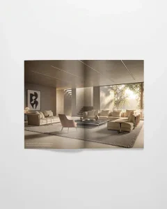 Open-concept living room with beige sectional sofas, matching armchairs, glass coffee tables, and a large window wall letting in warm sunlight.