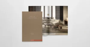 Beige catalog cover titled 'Indoor Collection' overlapped a modern beige living room setup with sofa and round coffee tables.