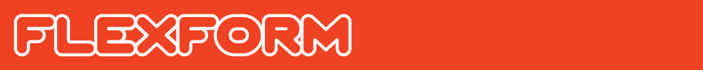 FLEXFORM logo: white outlined wordmark on an orange gradient background.