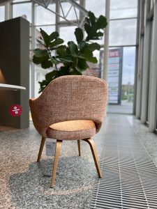 Peach-colored upholstered armchair with wooden legs in a showroom, near a large leafy plant and glass walls in the background.