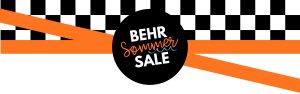 Promotional banner: BEHR Summer Sale with a black circle, orange diagonal ribbons, and a black-and-white checkerboard background with the text BEHR Summer Sale inside the circle.