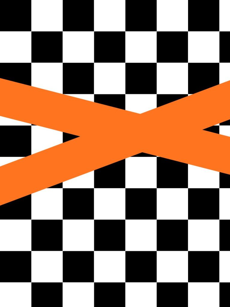 Orange diagonal cross overlapping a black-and-white checkerboard background.