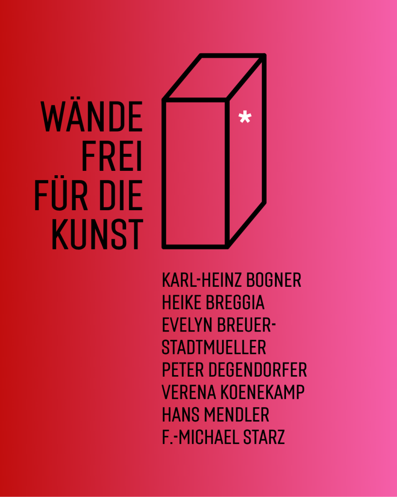 Poster titled 'WÄNDE FREI FÜR DIE KUNST' with a black outlined cube on a red‑pink gradient and a list of artist names beneath (German exhibition poster).