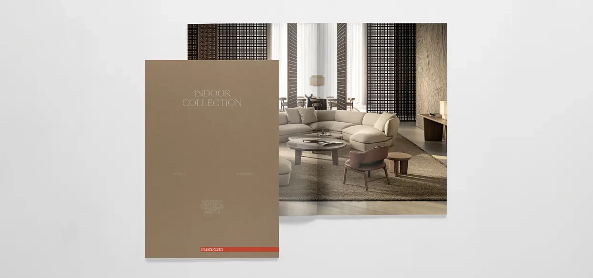 Beige catalog cover titled 'Indoor Collection' overlapped a modern beige living room setup with sofa and round coffee tables.